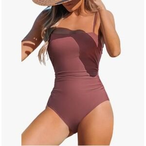 Cupshe Women Ruched One Piece Swimsuit Orange Brown Square Neck Size M NWOT